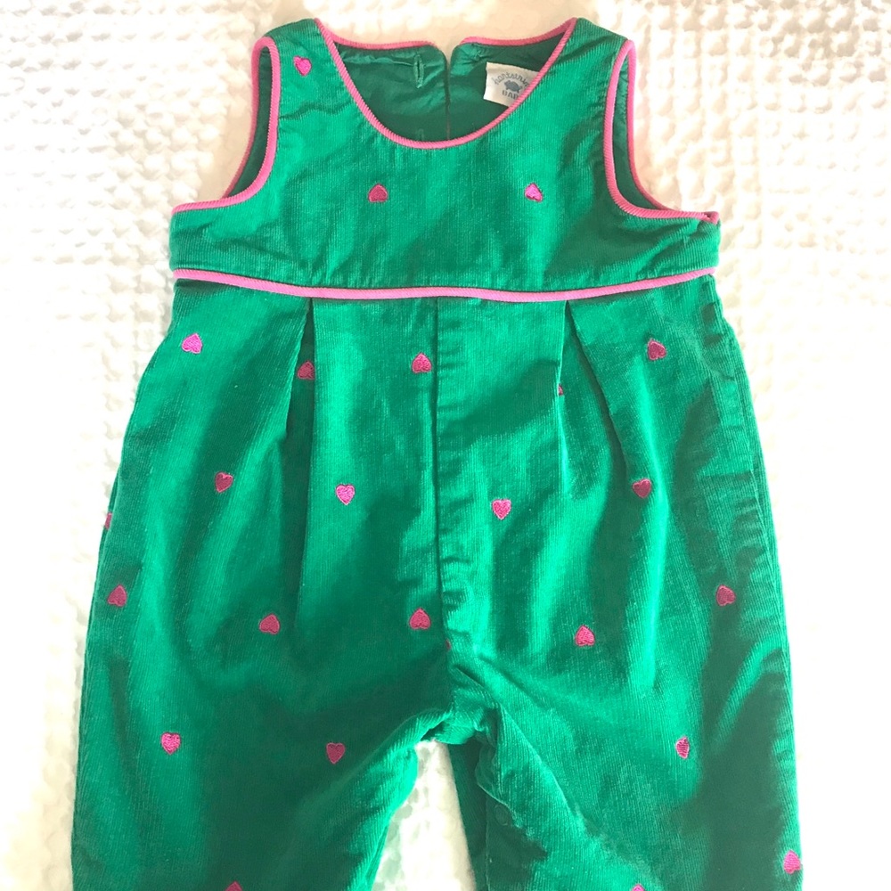 Baby green corduroy one piece with hearts